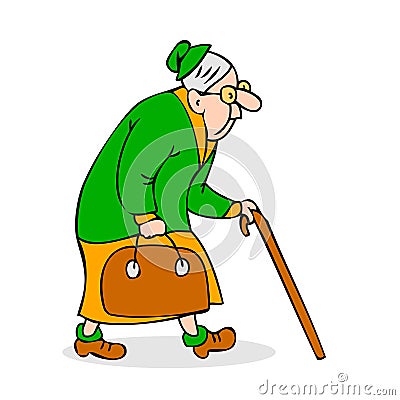 Old woman with cane and a bag. Grandmother with glasses walking. Vector Illustration