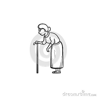 An old woman with cane hand drawn outline doodle icon. Vector Illustration