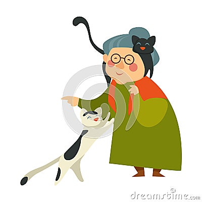 Old woman with cats, senior person caring for pets Vector Illustration