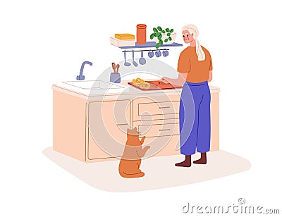 Old woman cooking at kitchen. Female character of senior age making homemade bakery, dish at home. Elderly person Vector Illustration