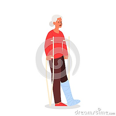 Old woman with crutches, having a gypsum bandage. Female senior Vector Illustration