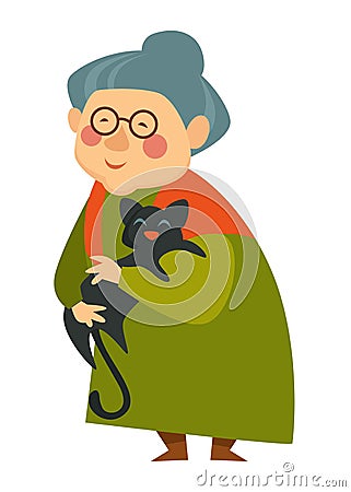 Old woman cuddling cat, pensioner lady happy with pet Vector Illustration