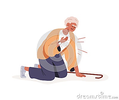 Old woman falls down, falling with heart attack, pain. Senior elderly lady with cardiac seizure, stroke, disease. Aged Vector Illustration