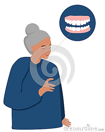 Old woman with false jaw. Dental clinic advertising. Orthodontics and oral surgery. Crown and veneers for beautiful smile. Vector Illustration