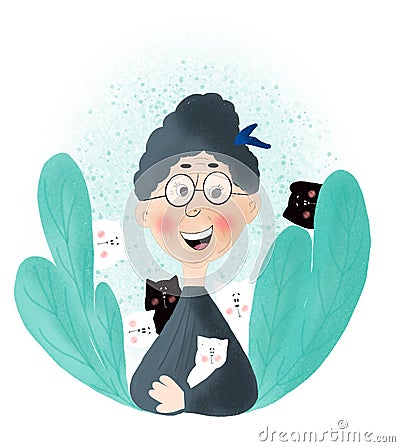 Old woman and her cats Cartoon Illustration