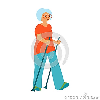 Old woman Hiking against the background of the mountain Nordic Walking pensioner Flat vector illustration Vector Illustration