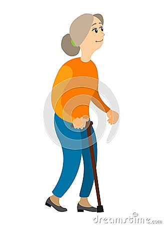 Old Woman Holding Cane, Walking Grandma Vector Vector Illustration