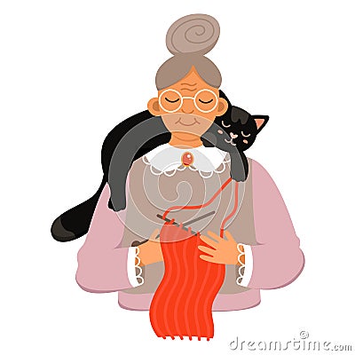 Old woman holding cat, grandmother in glasses knitting scarf with kitten on shoulders Vector Illustration