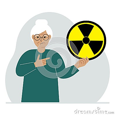 A old woman holds a sign with a warning about nuclear danger. The concept of nuclear war, radiation, biohazard. Vector Illustration