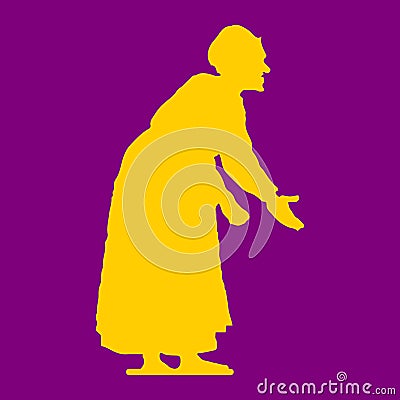 Old woman, hunched, yellow silhouette on purple background Vector Illustration