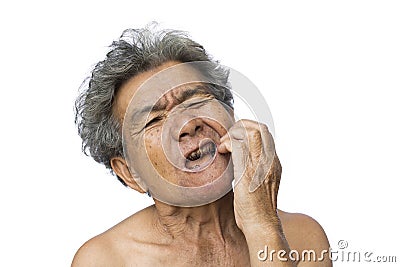Old woman itching her face on white background Stock Photo