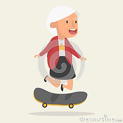 Old woman jump skateboard character Vector Illustration