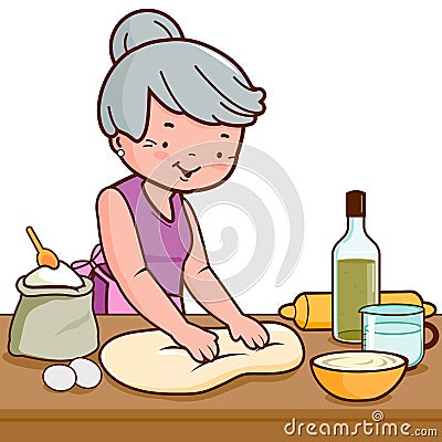 Old woman making bread in the kitchen. Vector illustration Vector Illustration