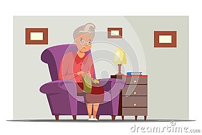 Old woman knitting flat vector illustration Vector Illustration