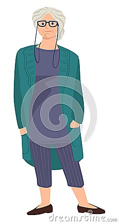 Old woman with grey hair wearing eyeglasses and cardigan Vector Illustration