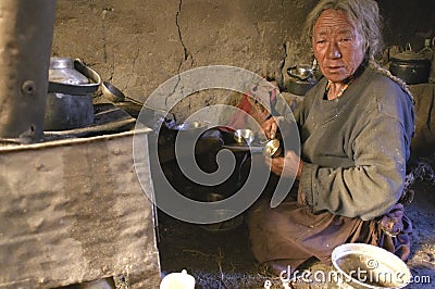 Old and poor woman from Korzok village, Ladakh Editorial Stock Photo