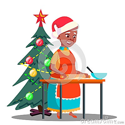 Old Woman Makes Christmas Cookies In The Kitchen Vector. Isolated Illustration Vector Illustration