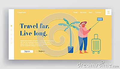 Old Woman Making Selfie on Smartphone Website Landing Page. Elderly Lady Saving Sweet Life Moments in Foreign Travel Vector Illustration