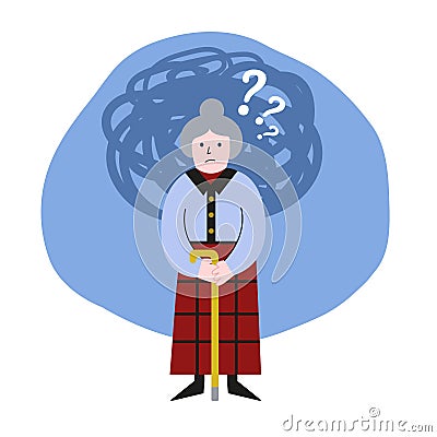 Old woman with mental disorder, alzheimer. Senile dementia. Metaphor of loss of short-term memory. Thinking cloud with Vector Illustration