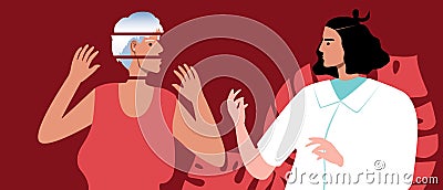 Old woman with mental problems, dementia, schizophrenia or with PTSD, flat vector stock illustration with psychotherapist and Cartoon Illustration