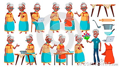 Old Woman Poses Set Vector. Black. Afro American. Elderly People. Senior Person. Aged. Active Grandparent. Joy Vector Illustration