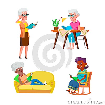 Old Woman Reading And Enjoying Book Set Vector Vector Illustration