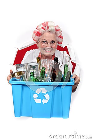 Old woman recycling Stock Photo