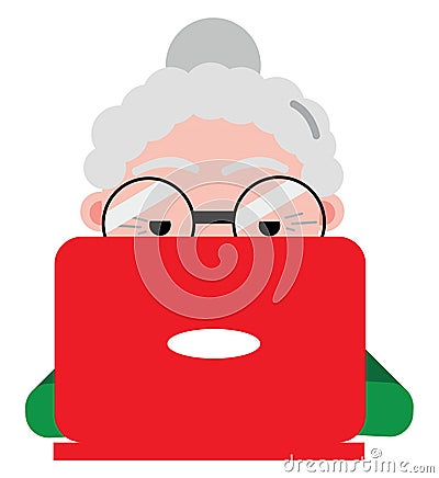 Old woman with red laptop, icon Vector Illustration