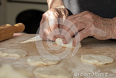 The old woman`s overworked hands are making pies out of dough. Hand-made homework with baked goods Stock Photo