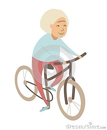 Old woman senior grandmother lady riding a bicycle . Flat style Vector Illustration