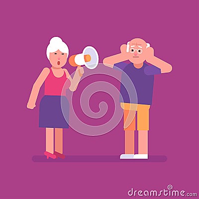 Old woman shouts through megaphone on old man. Flat people Vector Illustration