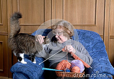 The old woman stroke a cat Stock Photo