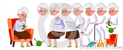 Old Woman Vector. Senior Person Portrait. Elderly People. Aged. Animation Creation Set. Face Emotions, Gestures. Funny Vector Illustration