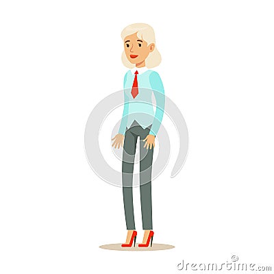 Old Woman In Vest With A Tie, Part Of Office Workers Series Of Cartoon Characters In Official Clothing Vector Illustration