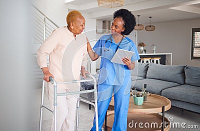 Old woman, walker and nurse with tablet, disability and health and help, physical therapy and medical results. Arthritis Stock Photo