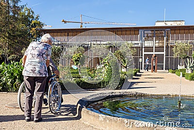 An old woman walking in the Park of her disabled husband Editorial Stock Photo