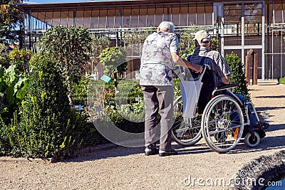 An old woman walking in the Park of her disabled husband Editorial Stock Photo