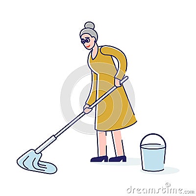 Old woman washing floor with mop and bucket. Household and home cleaning concept Vector Illustration