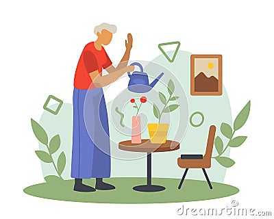 Old woman watering flowers in pots. Positive senior spending time at home Vector Illustration