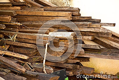 Old wood beam pile - construction material - recycle Stock Photo
