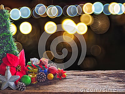 Old wood board And decorations in the space available for placing objects. Background bokeh bubbles colorful. Christmas and New Ye Stock Photo