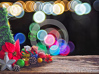 Old wood board And decorations in the space available for placing objects. Background bokeh bubbles colorful. Christmas and New Ye Stock Photo