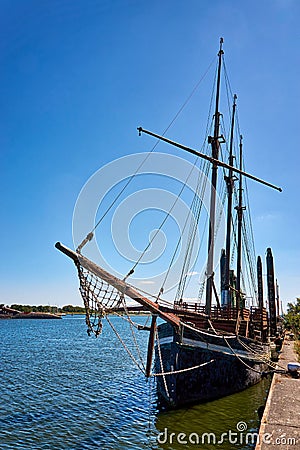 Old wood sailboat in the harbor PeenemÃ¼nde in the Baltic Sea on the island Usedom Stock Photo