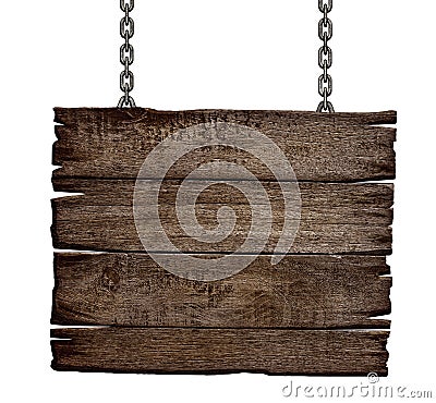 Old wood sign board on chain Stock Photo