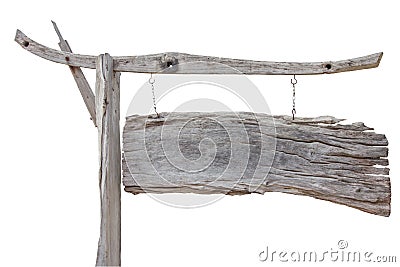 Old wood sign board hanging with chain isolated on white background with clipping path Stock Photo