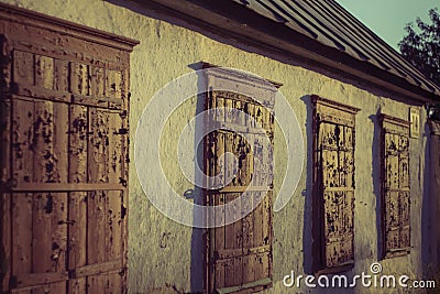 Old wood windows on sunset Stock Photo