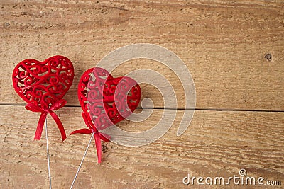 Two red hearts on a wooden background.Valentine Day Concept Stock Photo