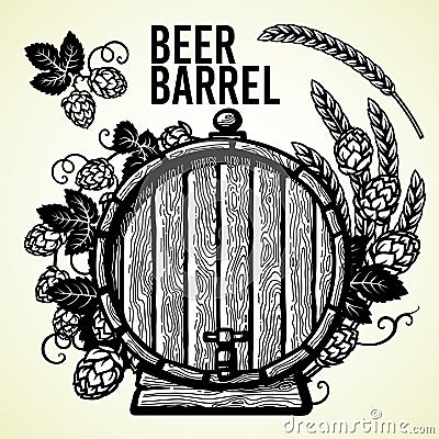 Old wooden barrel of beer with hop branches and ears of barley or wheat. Hand drawn set of elements on white background. Stock Photo