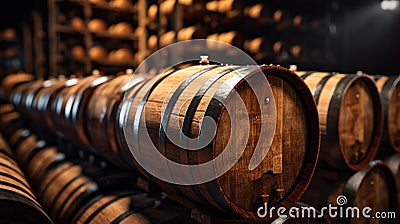Old wooden barrels stored in dark wine cellar, vintage brown oak casks in storage of winery. Concept of vineyard, viticulture, Stock Photo