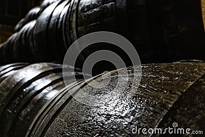 Old wooden barrels for whiskey or wine Stock Photo